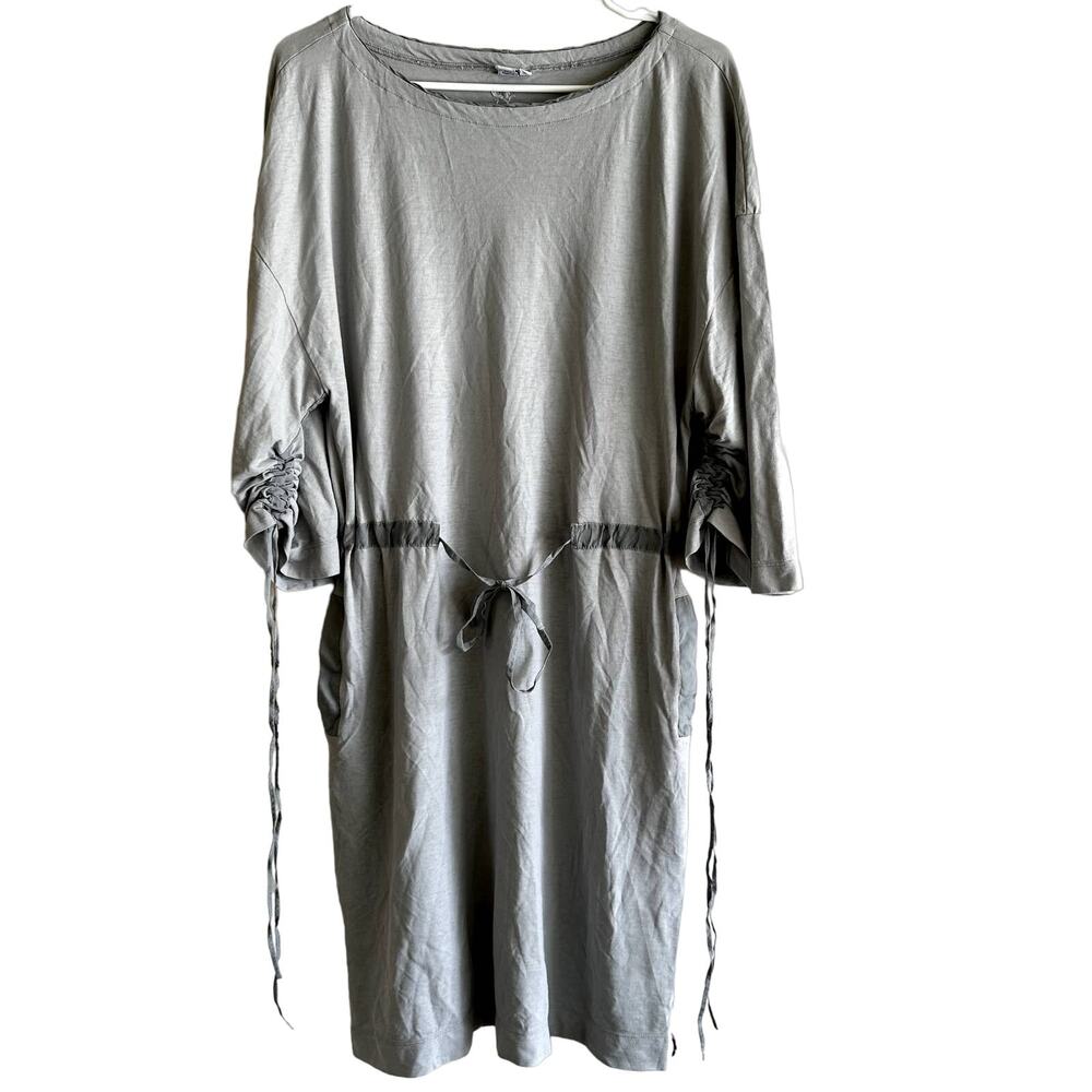 European Culture Dress Blouson Ruched Sleeve Tie Waist Pocket Cotton Gray Small